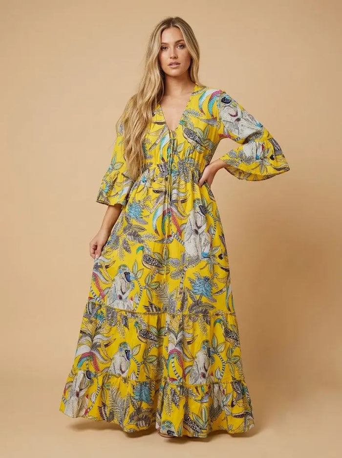 Women Cotton Monkey Print Bell Sleeve Yellow Summer Lightweight Beach wear Party Dress Handicraft Trend
