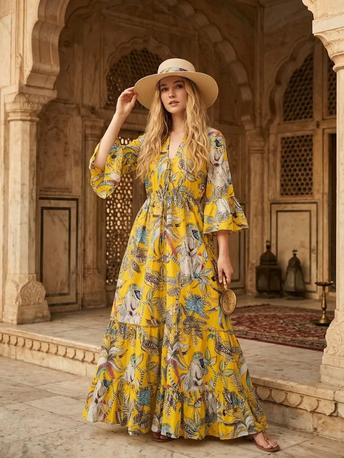 Women Cotton Monkey Print Bell Sleeve Yellow Summer Lightweight Beach wear Party Dress Handicraft Trend