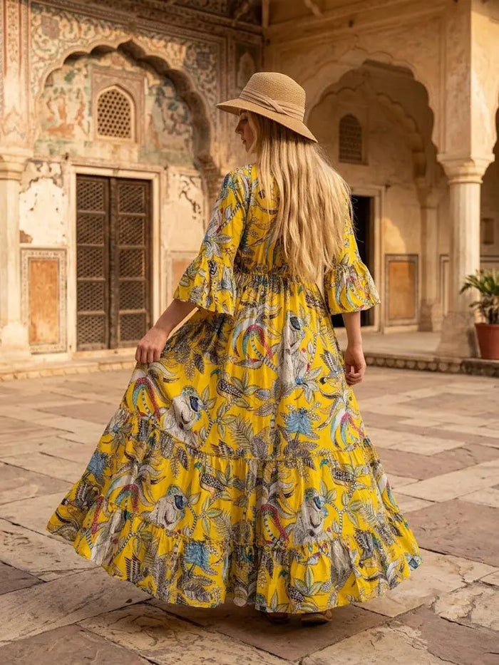 Women Cotton Monkey Print Bell Sleeve Yellow Summer Lightweight Beach wear Party Dress Handicraft Trend