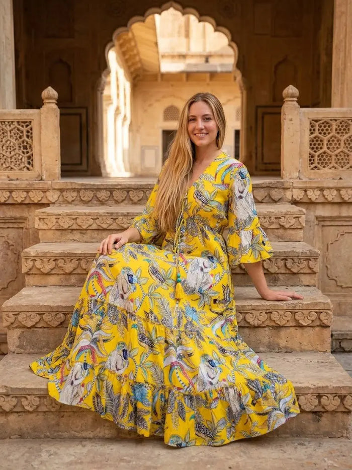 Women Cotton Monkey Print Bell Sleeve Yellow Summer Lightweight Beach wear Party Dress Handicraft Trend