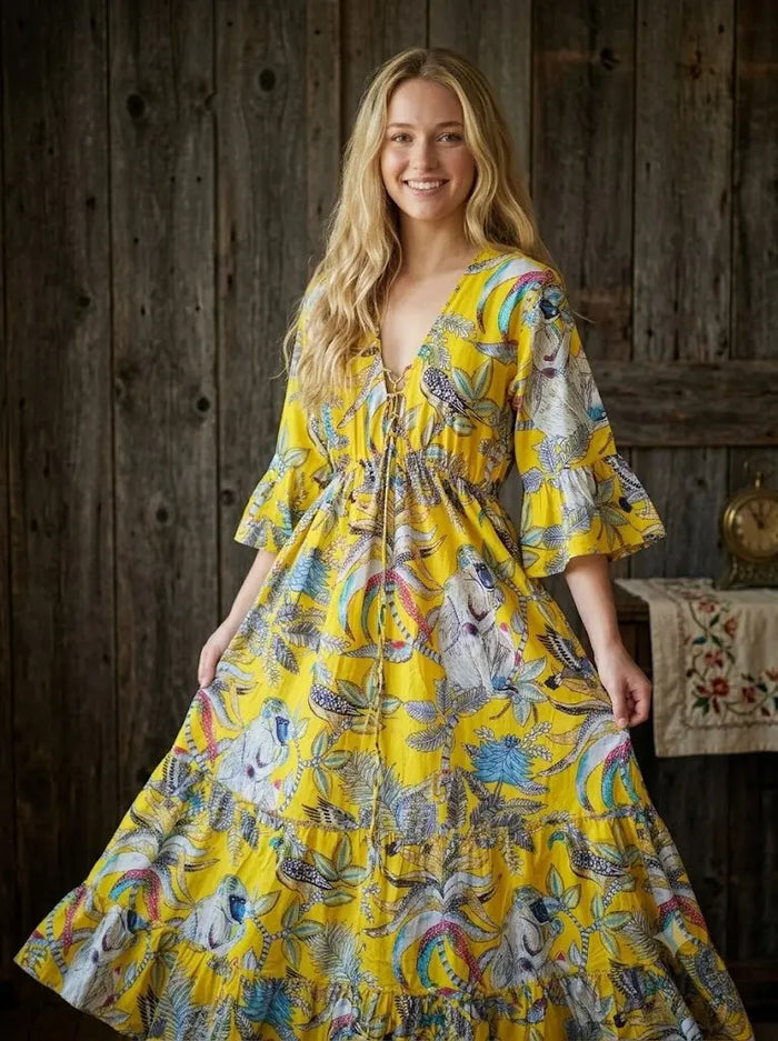 Women Cotton Monkey Print Bell Sleeve Yellow Summer Lightweight Beach wear Party Dress Handicraft Trend