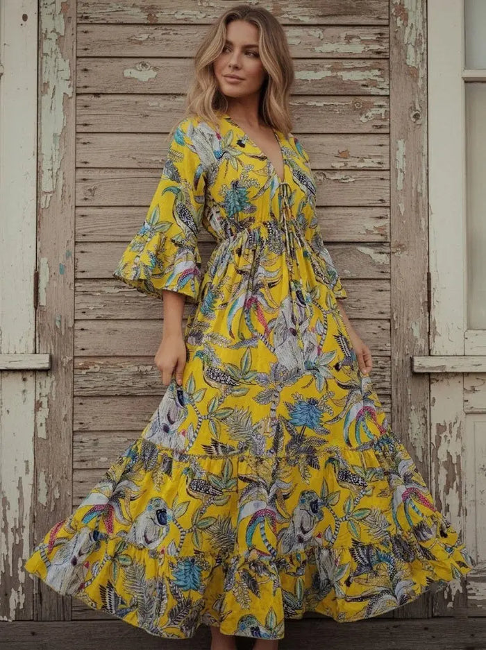 Women Cotton Monkey Print Bell Sleeve Yellow Summer Lightweight Beach wear Party Dress Handicraft Trend