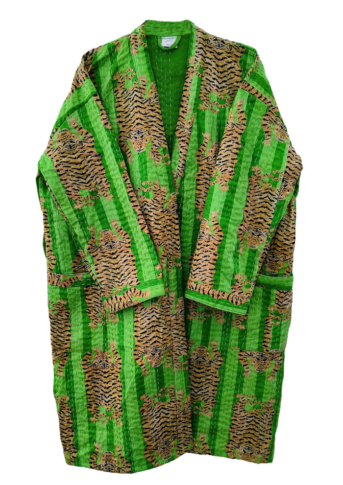 Women Tibetan Tiger Print Cotton Front Open Lightweight Hippie Kantha Kimono Jacket Handicraft Trend