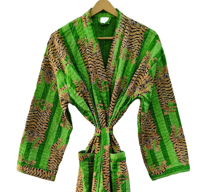 Women Tibetan Tiger Print Cotton Front Open Lightweight Hippie Kantha Kimono Jacket Handicraft Trend