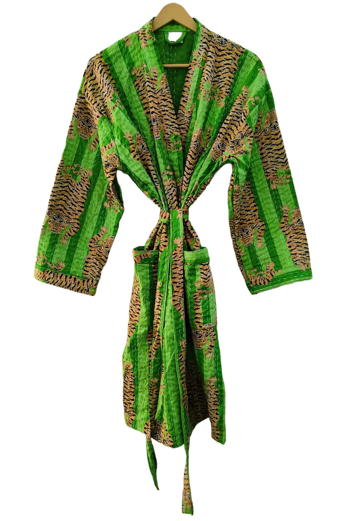 Women Tibetan Tiger Print Cotton Front Open Lightweight Hippie Kantha Kimono Jacket Handicraft Trend
