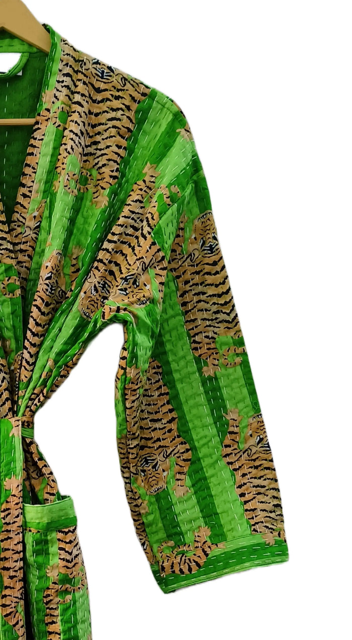 Women Tibetan Tiger Print Cotton Front Open Lightweight Hippie Kantha Kimono Jacket Handicraft Trend