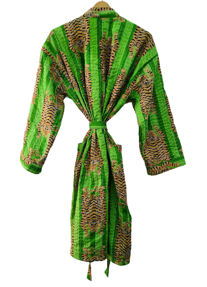 Women Tibetan Tiger Print Cotton Front Open Lightweight Hippie Kantha Kimono Jacket Handicraft Trend