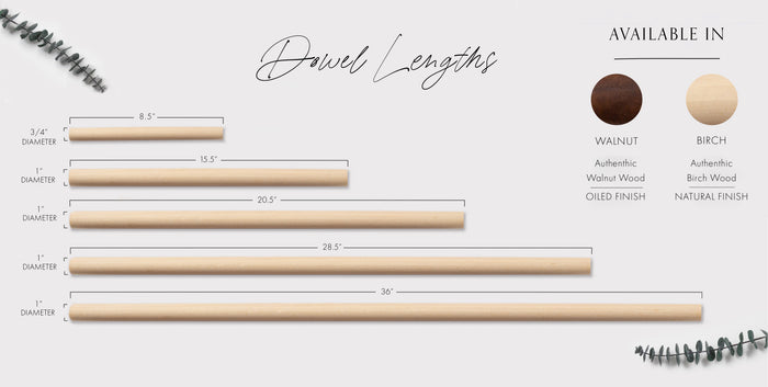 Dowel length comparison chart with finish selections — solid hardwood rods designed for suspended storage rails and leather strap installations.