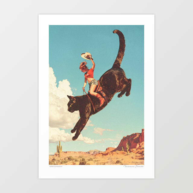 Yeehaw Rodeo Cat Cowgirl art print — cowgirl in red crop top denim shorts and coral cowboy boots riding a giant leaping black cat through an Arizona desert sky, surreal Western rodeo wall art with red rock mesas and saguaro cacti