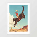 Yeehaw Rodeo Cat Cowgirl art print — cowgirl in red crop top denim shorts and coral cowboy boots riding a giant leaping black cat through an Arizona desert sky, surreal Western rodeo wall art with red rock mesas and saguaro cacti