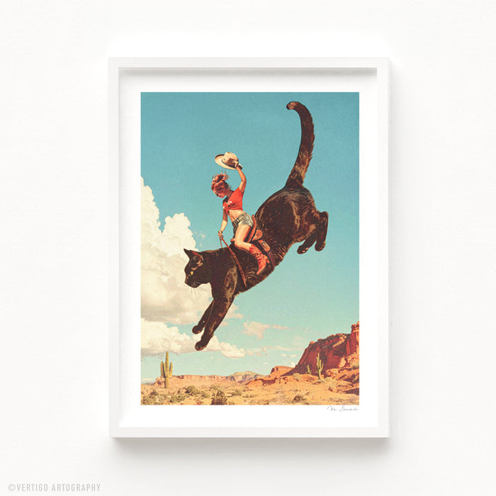 Yeehaw Rodeo Cat Cowgirl art print detail — fearless cowgirl waving white Stetson while riding giant black cat soaring over sun-scorched Southwestern desert landscape, surreal cowgirl-core Western wall art